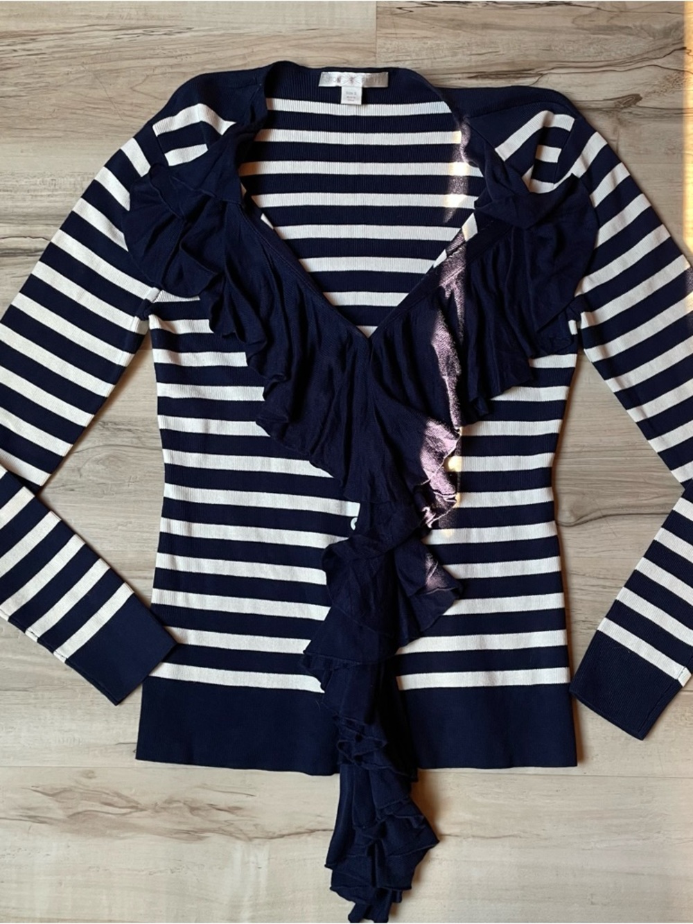 Boston Proper Navy and White Ruffle-Front Striped Long Sleeve Top